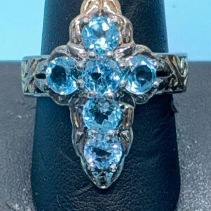 925 Sterling Silver 6 stone Genuine Blue Topaz Cross Ring Sz 9